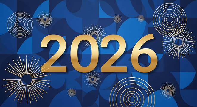 Golden 2026 on blue geometric pattern with celebratory elements