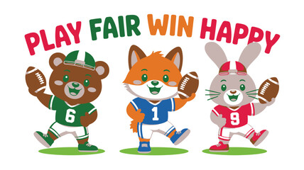 Naklejka premium Cartoon Animals Bear Fox Rabbit Play Football Super Bowl Sunday Illustration with Play Fair Win Happy Text