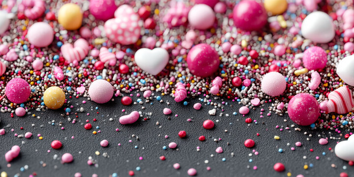 A colorful assortment of candy and sprinkles on a black background. The candy is arranged in a way that creates a sense of movement and excitement