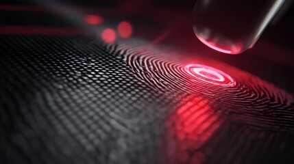 A close-up view of a fingerprint being scanned with a red laser, showcasing intricate details in a high-tech environment.