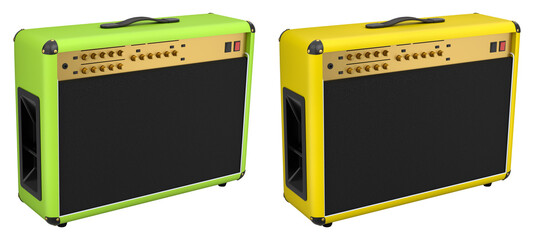 Set of classical electric and acoustic guitar amplifier isolated on white background.