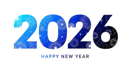 Happy new year 2026 with sparkling fireworks on blue numbers
