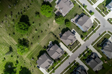Aerial view of luxury homes top down view in a neighborhood in Columbus suburbs.