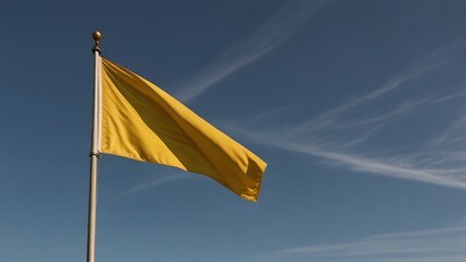 Fototapeta premium Plain Yellow Flag Waving in Wind Against Clear Blue Sky with Copy Space