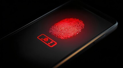 A close-up of a smartphone displaying a red fingerprint icon with a lock symbol, symbolizing security and access control.