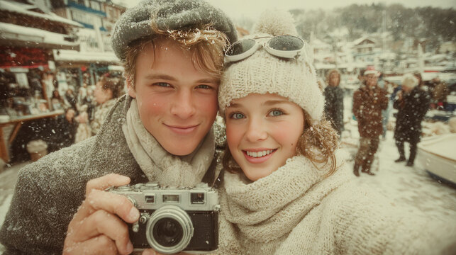 Young Couple Enjoying Winter in Snowy Town with Vintage Camera