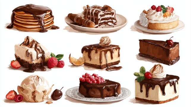 Set of sweets and desserts .chocolate pancakes, cheesecakes and chocolate slice cake. - Powered by Adobe