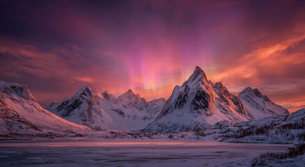 Snow-capped mountain range under vibrant aurora borealis at dusk; natural landscape concept.