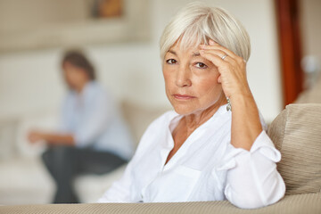 Portrait, old woman and stress from argument at house for conflict, disagreement and family drama. Upset, senior person or ignore daughter for silent treatment, dispute tension and toxic relationship