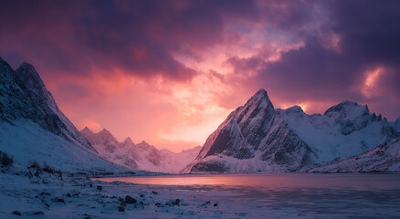 Snow-capped mountain range under vibrant aurora borealis at dusk; natural landscape concept.