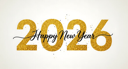 Golden glitter 'happy new year 2026' text with festive particles.