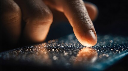 Close-up of a male hand interacting with a wet smartphone screen, showcasing droplets and soft lighting.