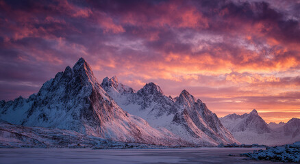 Snow-capped mountain range under vibrant aurora borealis at dusk; natural landscape concept.