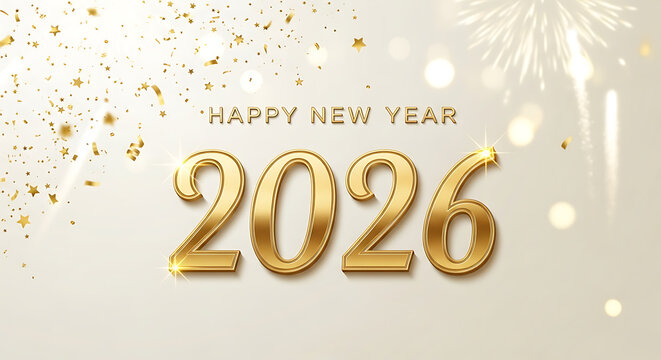 Happy new year 2026 greeting with gold confetti and fireworks