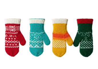 Four vibrant red, teal, orange-yellow, and forest green knitted Christmas mittens with white geometric patterns, hanging on a light wooden rod against a transparent background, evoking festive