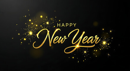 Happy new year text with golden sparkles and celebratory glow.