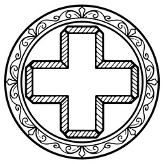 Obraz premium Medical cross emblem or decorative coin illustration hand drawn sketch style isolated on white background suitable for healthcare branding or first aid design concepts high quality