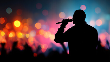 Silhouette of male singer holding microphone on stage, vibrant bokeh lights in background; live music performance concept.