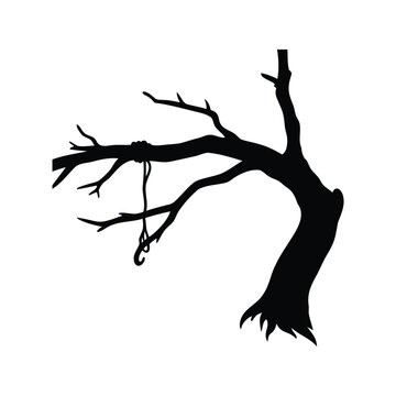 A Silhouette of a Sparse Tree with a Rope and Hook, dead hanging branch silhouette vector illustration