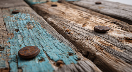 Rusty bolt on weathered blue-painted wooden planks; textured surface concept.