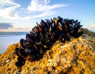 A cluster of mussels clinging to a textured, sunlit coastal rock