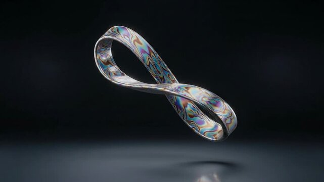 Iridescent Abstract Mobius Strip Object Floating in Dark Studio with Subtle Lighting and Textured Surface