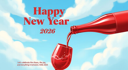Happy new year 2026 celebration with red drink and blue sky