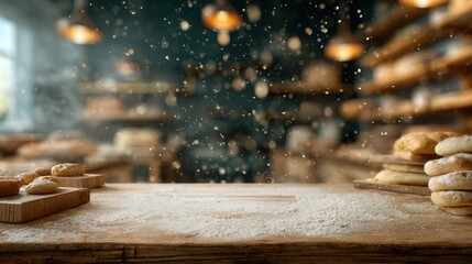 Bakery Scene With Rustic Table and Flour, Perfect for Pastry or Bread Advertisements and Culinary Inspiration