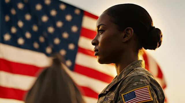 Patriotic African American Female Soldier in Profile Against Waving US Flag at Sunset