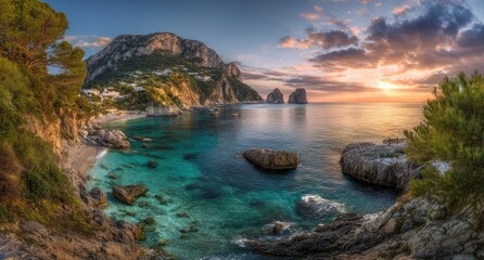 Panoramic seaside view featuring a rocky shoreline, cliffs, calm turquoise water, and a beautiful sunset