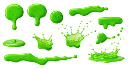Luminous neon green toxic acid liquid drips, splatters, streaks, glossy, high viscosity, on transparent with copy space. Concept of chemical potency