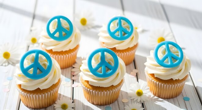 Delicious peace sign cupcakes on a white wooden table with daisies, representing World Peace Day concept and global unity