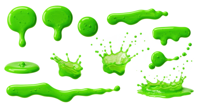 Luminous neon green toxic acid liquid drips, splatters, streaks, glossy, high viscosity, on transparent with copy space. Concept of chemical potency