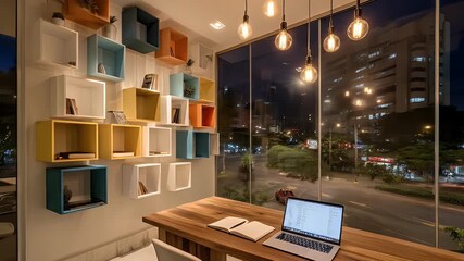 Colorful modern workspace with city view