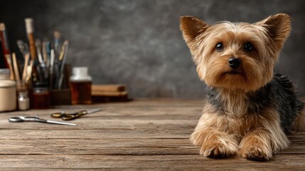 Professionally Designed Dog Grooming Tools Showcased on a Wooden Desk With a Grooming Salon Blurred in the Background