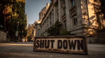 Obraz premium Government Shutdown Sign in Front of Grand Building Creates Somber Atmosphere During Economic Uncertainty