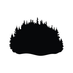 Black silhouette of a coniferous forest or woodland landscape on white background, forest mist silhouette vector illustration