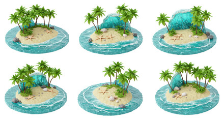 Six stylized mini tropical islands with palm trees, golden sand, turquoise ocean, white waves, starfish, seashells, on a transparent background with copy space, idyllic tropical paradise concept