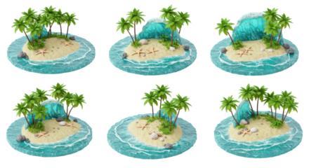 Six stylized mini tropical islands with palm trees, golden sand, turquoise ocean, white waves, starfish, seashells, on a transparent background with copy space, idyllic tropical paradise concept