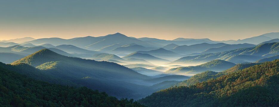 A scenic panoramic landscape of rolling mountain ranges shrouded in mist, under a clear, hazy sky - Powered by Adobe