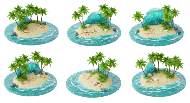 Six stylized mini tropical islands with palm trees, golden sand, turquoise ocean, white waves, starfish, seashells, on a transparent background with copy space, idyllic tropical paradise concept