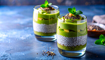 Clean green organic dessert, abstract glass layers of matcha chia parfait for nutrition