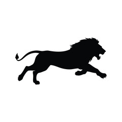 A powerful lion in a black silhouette leaping forwards with intensity, lion leaping silhouette vector illustration