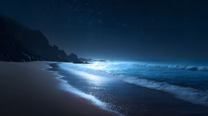 Moonlit Beach Serenity: Capturing a moonlit beach scene, the image evokes a sense of tranquil isolation as gentle waves lap the shore under a starry night sky.