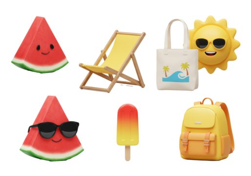 A playful flat lay of summer essentials: watermelon in shades, smiling sun, beach chair, tote, popsicle, backpack on white with copy space, bright studio light. Summer holiday anticipation