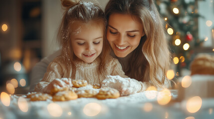 a mother and daughter baking cookies together in the kitchen, joyful holiday atmosphere with flour and lights