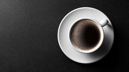 Overhead view white cup of dark black coffee with froth resting on a white saucer against a textured black background
