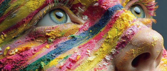 Close-Up of Colorful Abstract Face Art with Vibrant Painted Texture Patterns