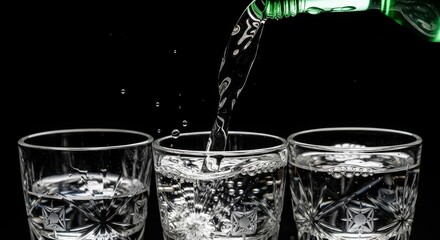 Crystal cut glass tumblers being filled with clear water from green bottle creating splash and bubbles against black background