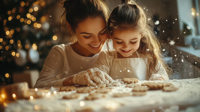 a mother and daughter baking cookies together in the kitchen, joyful holiday atmosphere with flour and lights